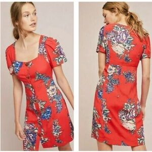 Anthropologie Maeve Short Sleeve Button Front Red Floral Boho Dress Size 2P